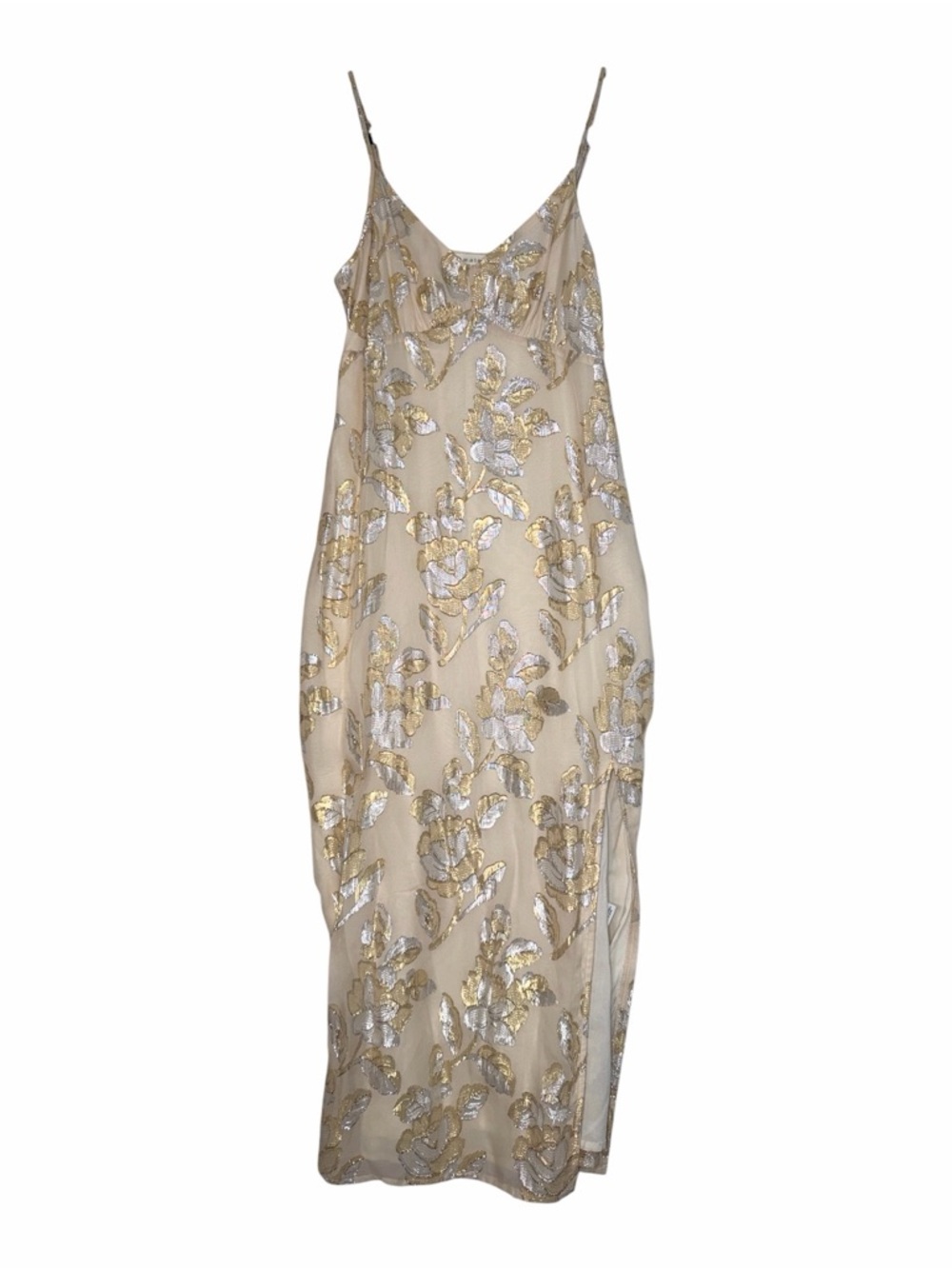 Saltwater Luxe Beige Slip Dress with Gold & Silver Sequin Floral Embellishment